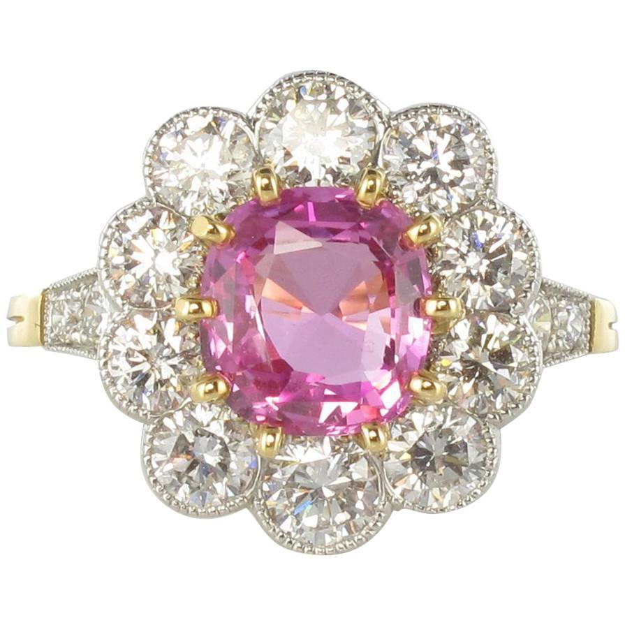 French 2.25 Carat Pink Sapphire 1.77 Carat Diamond Platinum Gold Cluster Ring