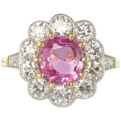 Bague grappe française en or et platine avec saphir rose de 2,25 carats et diamant de 1,77 carat