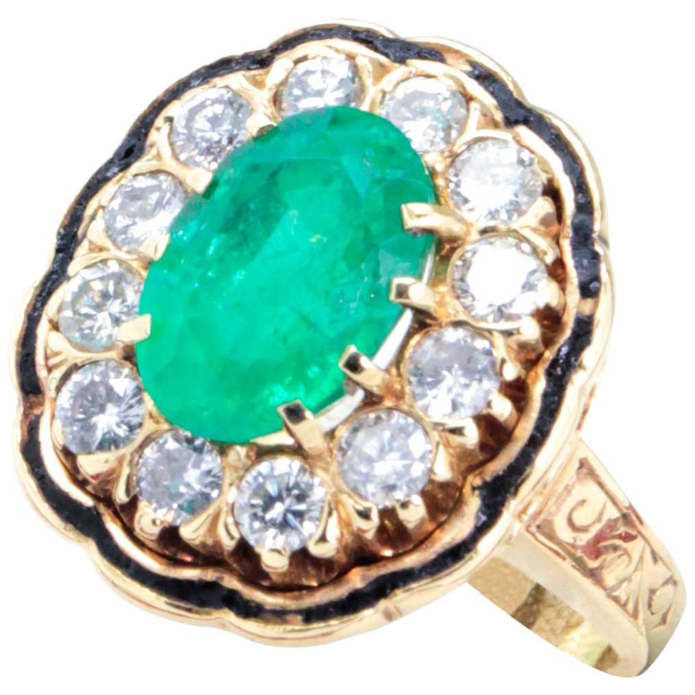 Vintage Emerald and Diamond Cluster Cocktail Ring For Sale