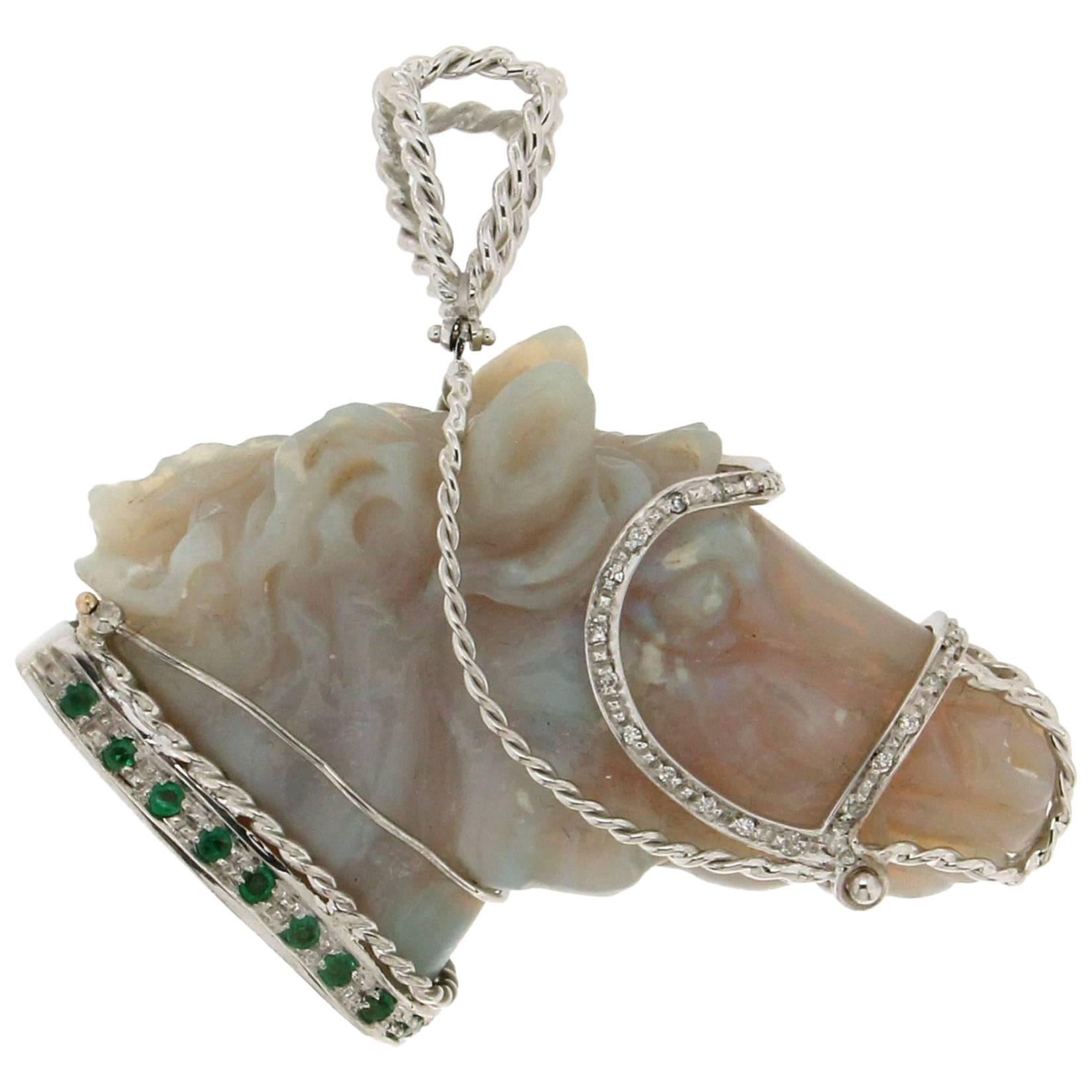 Opal Horse White Gold Diamonds Emeralds Pendant Necklace