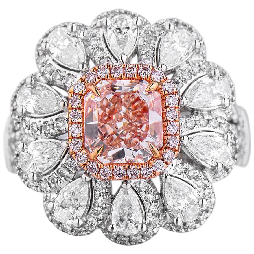 White Gold Flower Pink 1.09 ct Diamond & 1.55 ct Diamond Ring