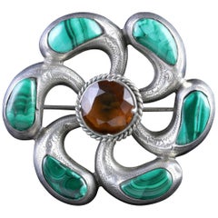 Antique Victorian Scottish Citrine Malachite Brooch, circa 1880s