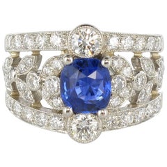 French Platinium 1.59 Cushion Cut Sapphire 1.37 Carat Diamond Rring