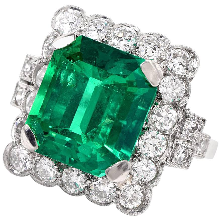 Remarkable No-Oil 7.26 Carat Colombian Emerald Diamond Platinum Ring
