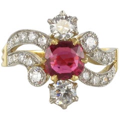 French 19th Century Style 1.09 Carat Cushion Cut Ruby Diamond Ring