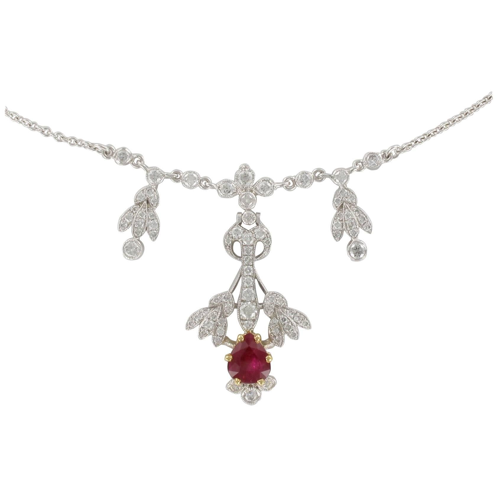Belle Epoque Style Platinum 1.16 Carat Ruby 1.06 Carat Diamond Pendant Necklace For Sale