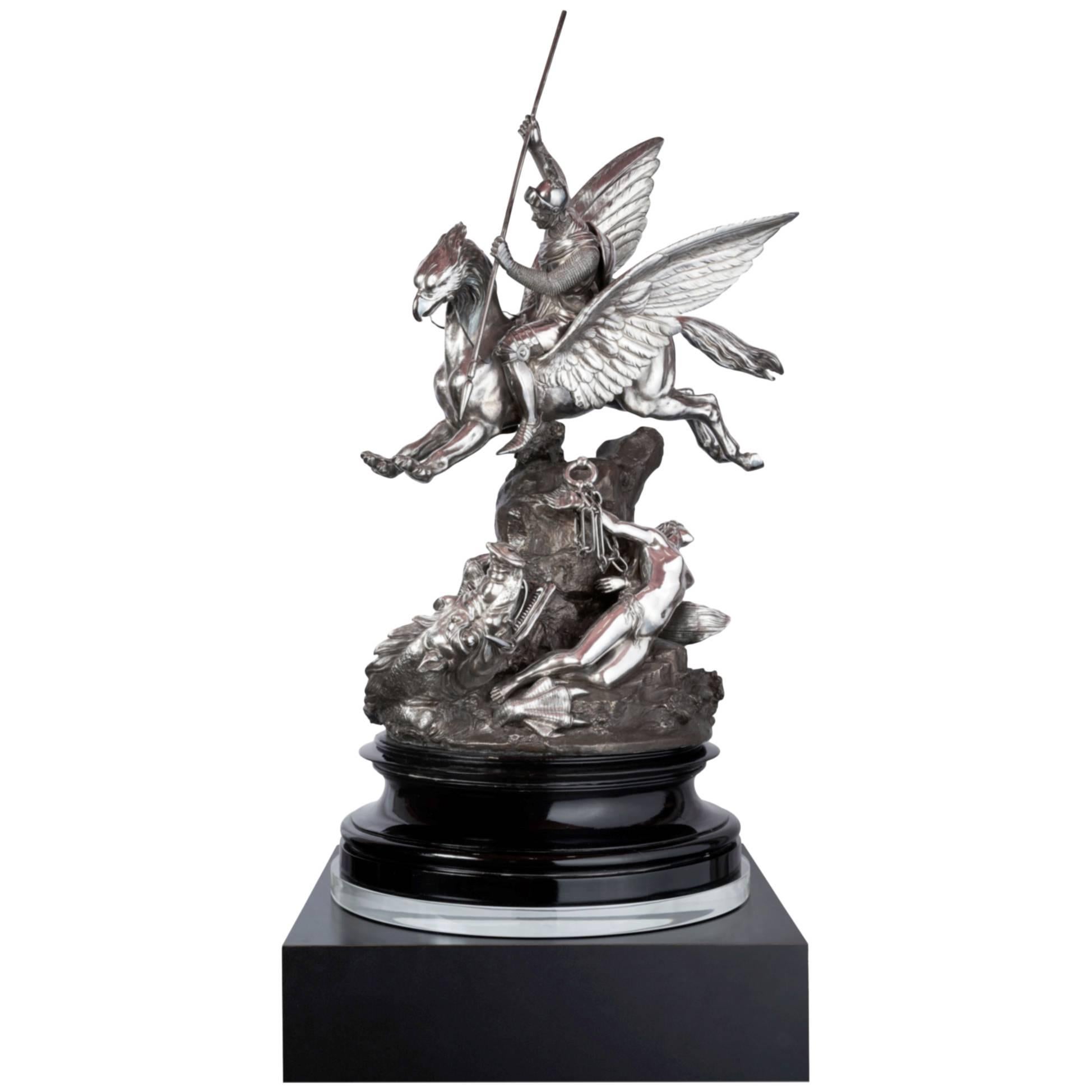 Antique Hancocks London Bronze Sterling Silver Saracen Knight on Hippogryph For Sale