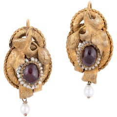 Pair of Gold Cabochon Garnets and Seed Pearls Victorian Earrings