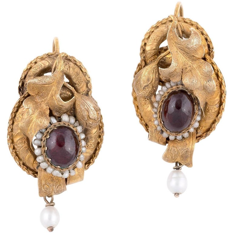 Pair Of Gold Cabochon Garnets And Seed Pearls Victorian Earrings For Pair Of Gold Cabochon Garnets And Seed Pearls Victorian Earrings For