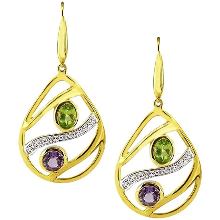 Yellow Gold Drop with Colored Stones and Brilliant Cut Diamonds Earrings For Sale
