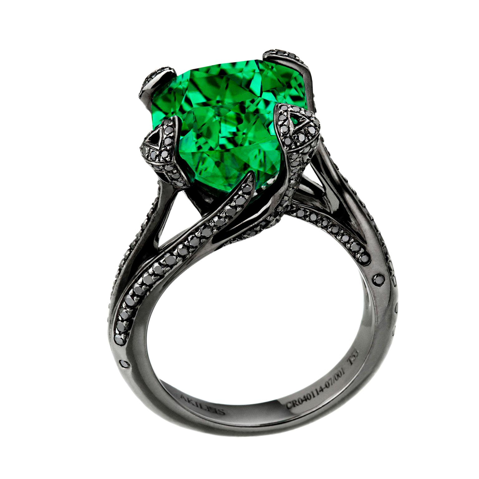 Akillis Cruella Ring 18 Karat White Gold Emerald Black Diamonds For Sale