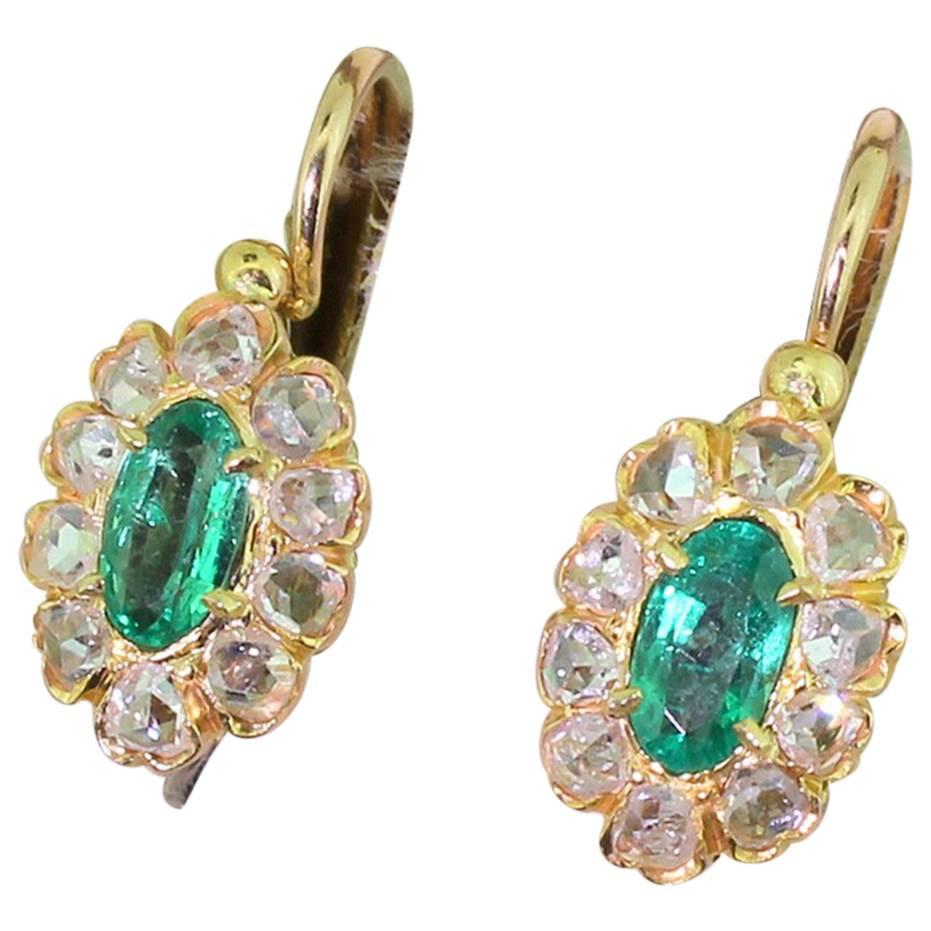 Edwardian Emerald and Rose Cut Diamond Marquise Cluster Earrings For Sale