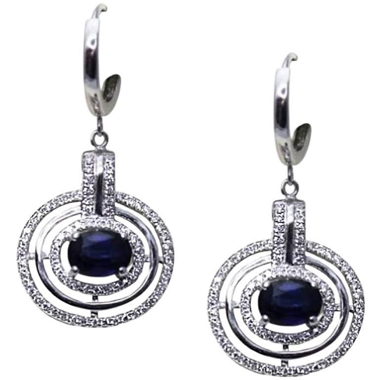 White Gold 2.10 ct Sapphire and Brilliant Cut 0.75 ct Diamonds Earrings For Sale