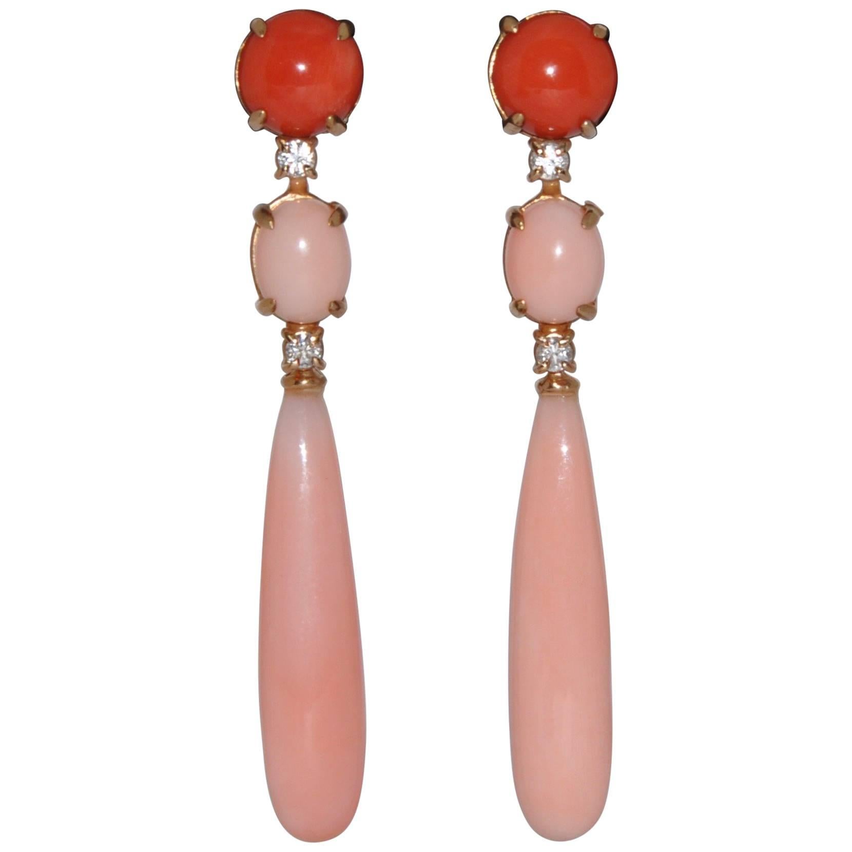 Coral and White Diamonds Yellow Gold 18 Carat Chandelier Earrings