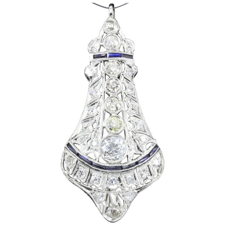 Art Deco Platinum Diamond Sapphire Convertible Pendant Brooch For Sale