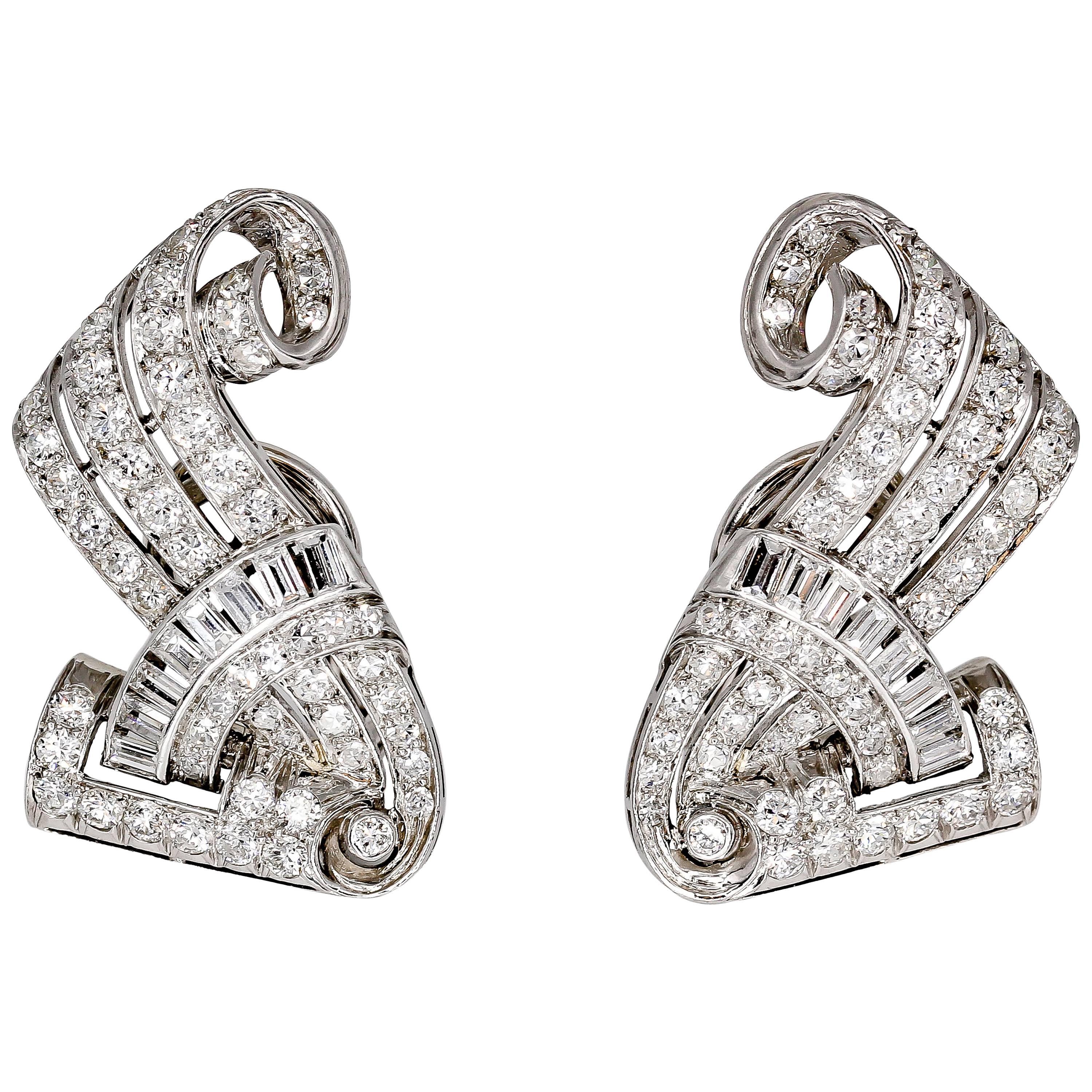 Retro Diamond and Platinum Earring Clips For Sale