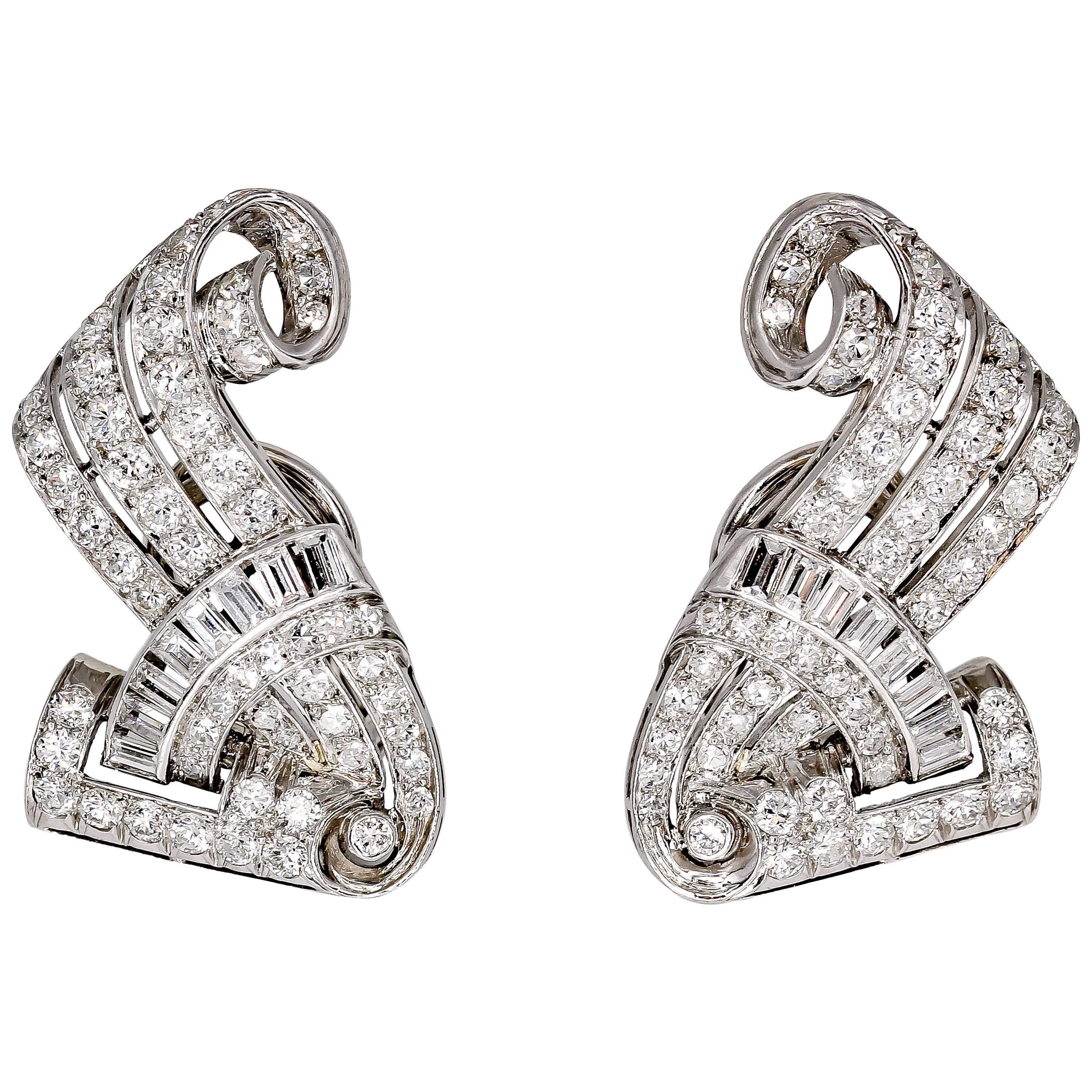 Retro Diamond and Platinum Earring Clips