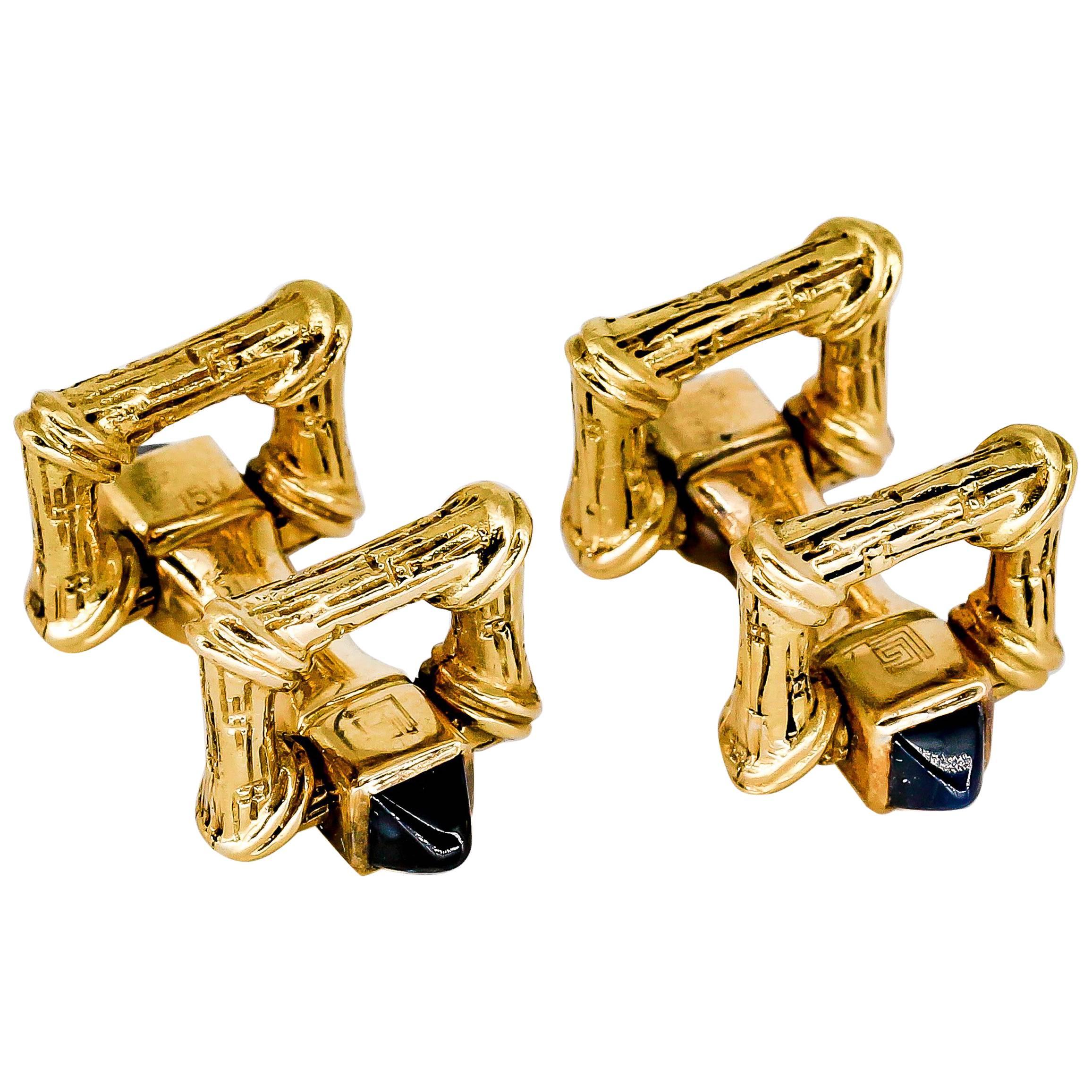 George L'Enfant Sapphire and Gold Bamboo Folding Cufflinks