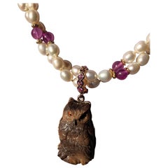 Petrified Palm Owl Pendant with Pink Sapphire and Pearl Necklace