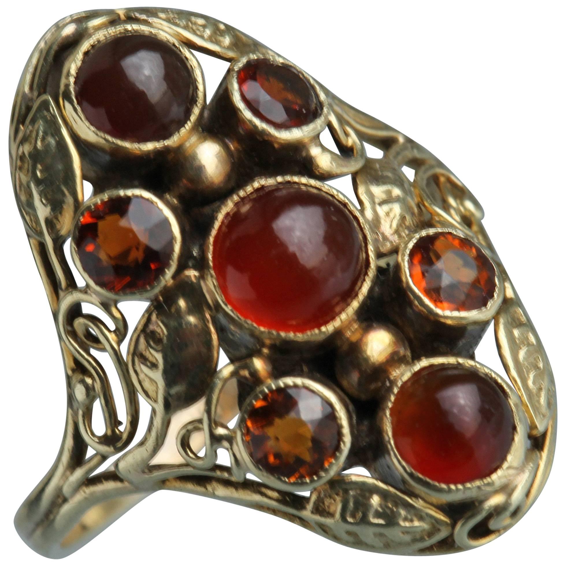 American Arts & Crafts Gold Carnelian and Citrine Ring