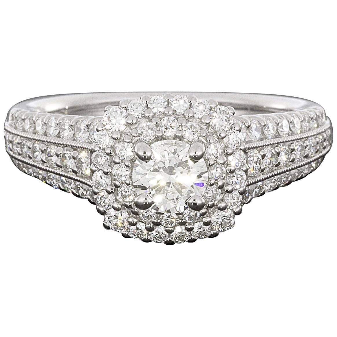 14 Karat White Gold Double Halo Three-Row Round Diamond Engagement Ring
