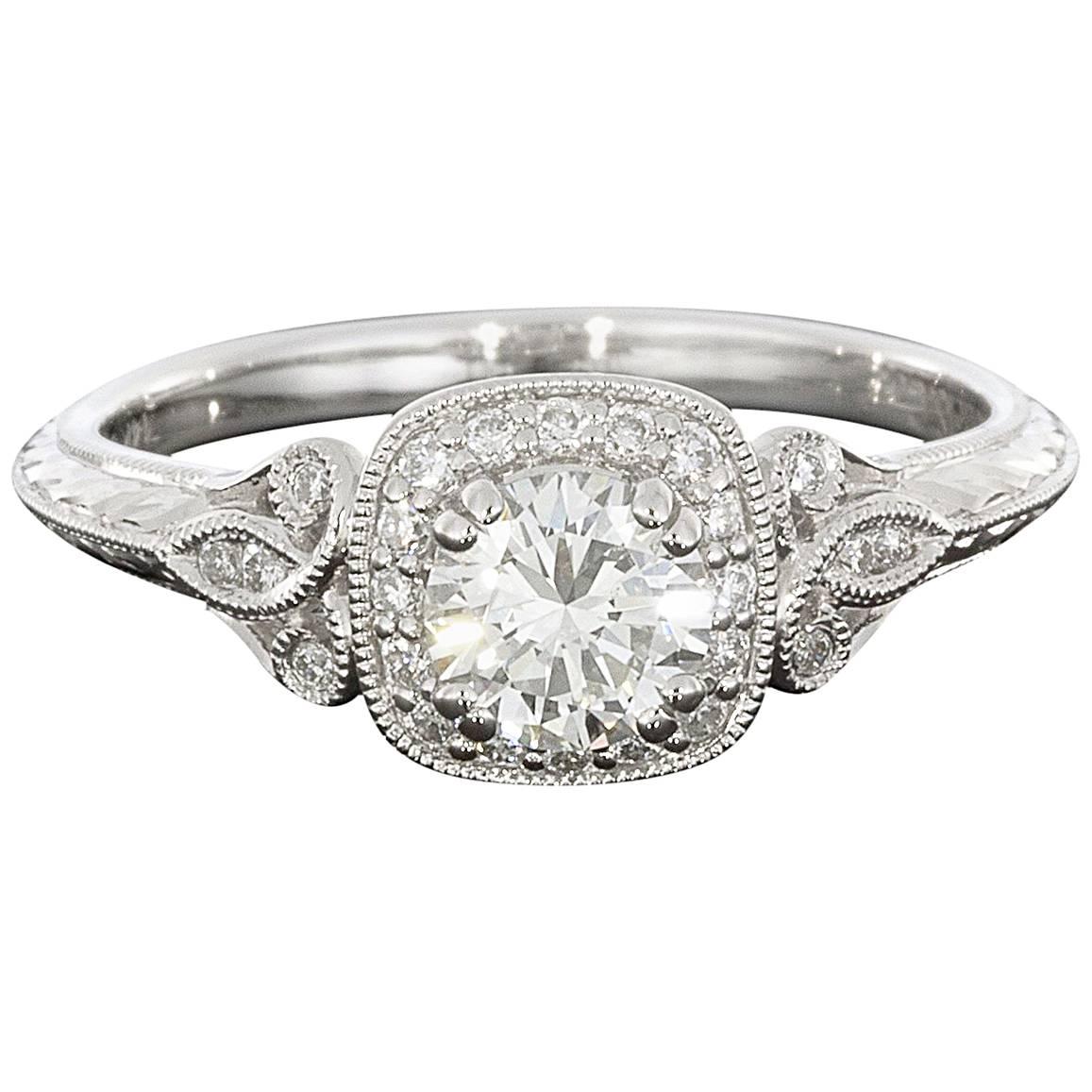 14 Karat White Gold Cushion Halo Round Diamond Engagement Ring
