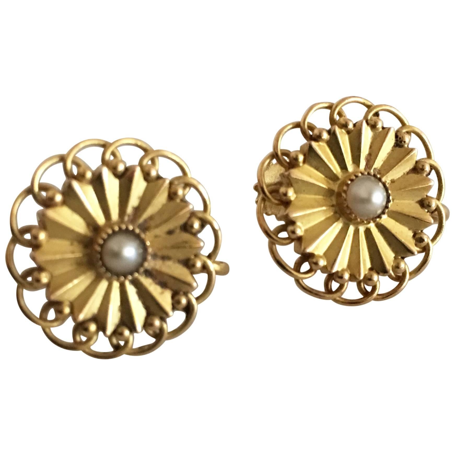 Georg Jensen 18 Karat Gold Earrings ‘Screws’ Ornamented with a Pearl