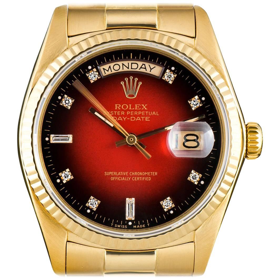 Rolex Day-Date Gents Gold Maroon Vignette Diamond Dial 18038 Automatic Watch