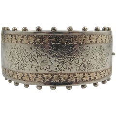 Antique Victorian Silver and Gold Bangle, Floral Decoration, Hallmarked 1884