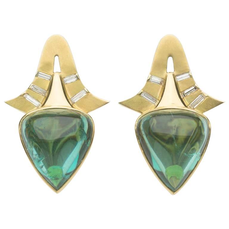 Annabel Eley Green Tourmaline Cabochons Baguette Diamonds 18 Karat Gold Earrings For Sale