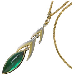 Annabel Eley Green Tourmaline Cabochon White Diamonds Platinum Gold Pendant