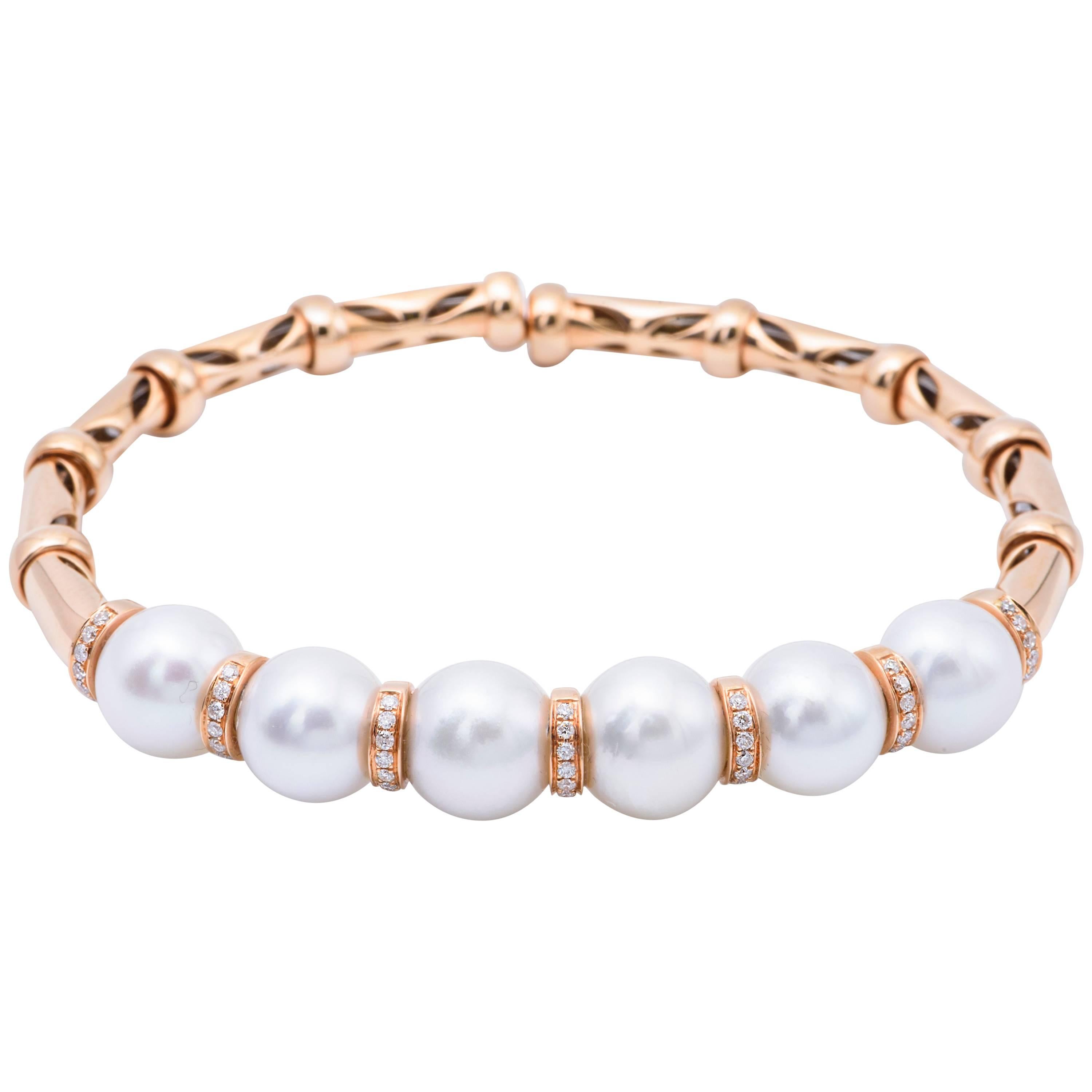 South Sea White Pearl and Diamond Accent Rose Gold Bangle