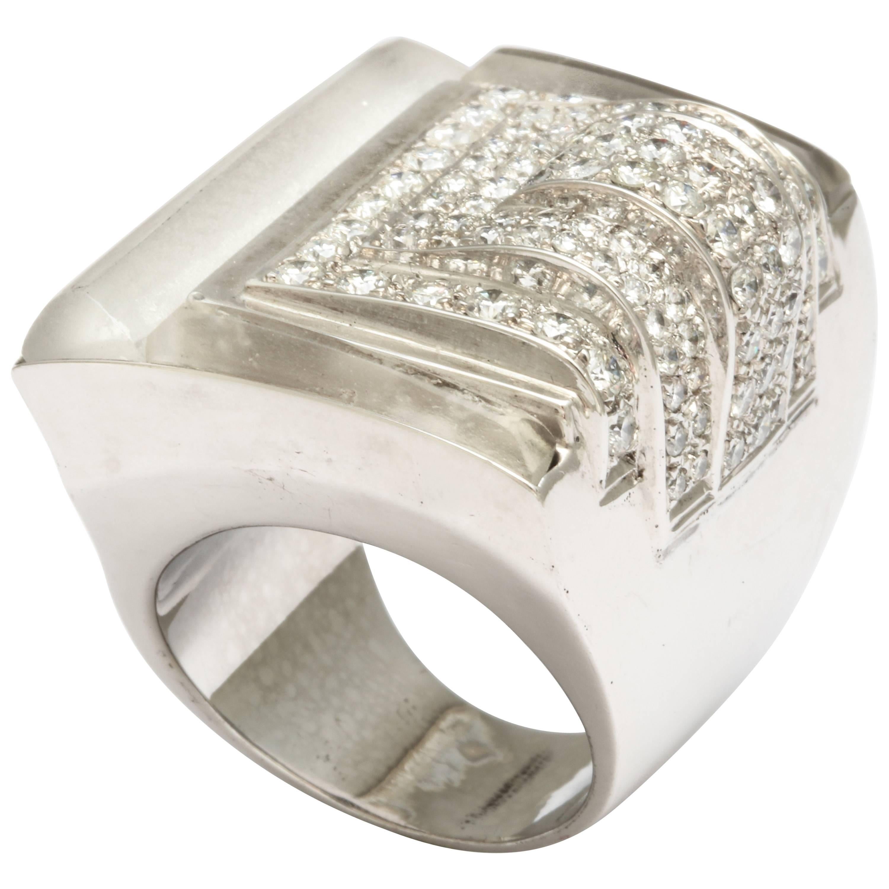 Diamond Frosted Carved Rock Crystal Ring For Sale