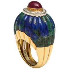 David Webb Azurite-Malachite Ruby Diamond Ring