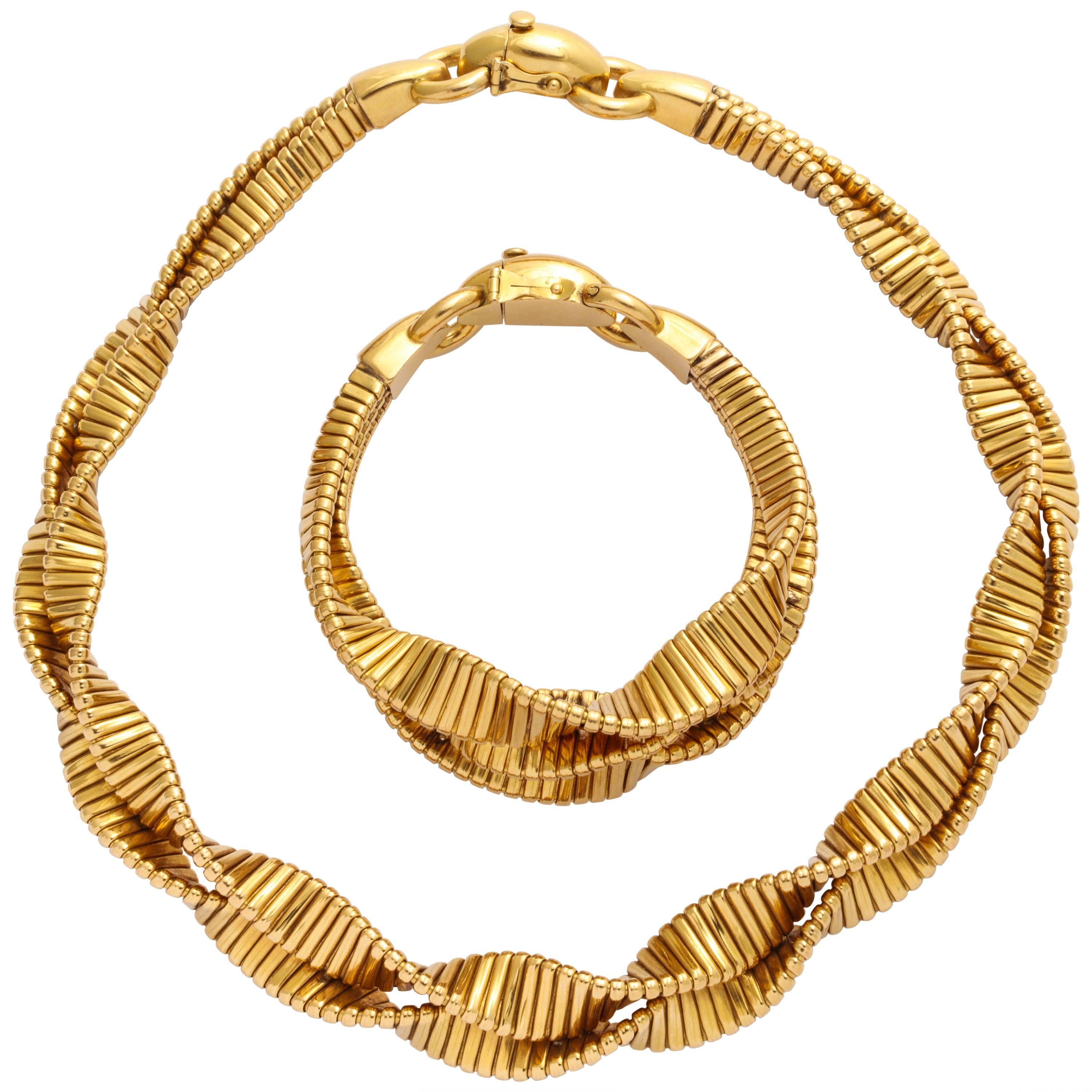 French Twist Retro Tube-Gas Gold Necklace and Bracelet