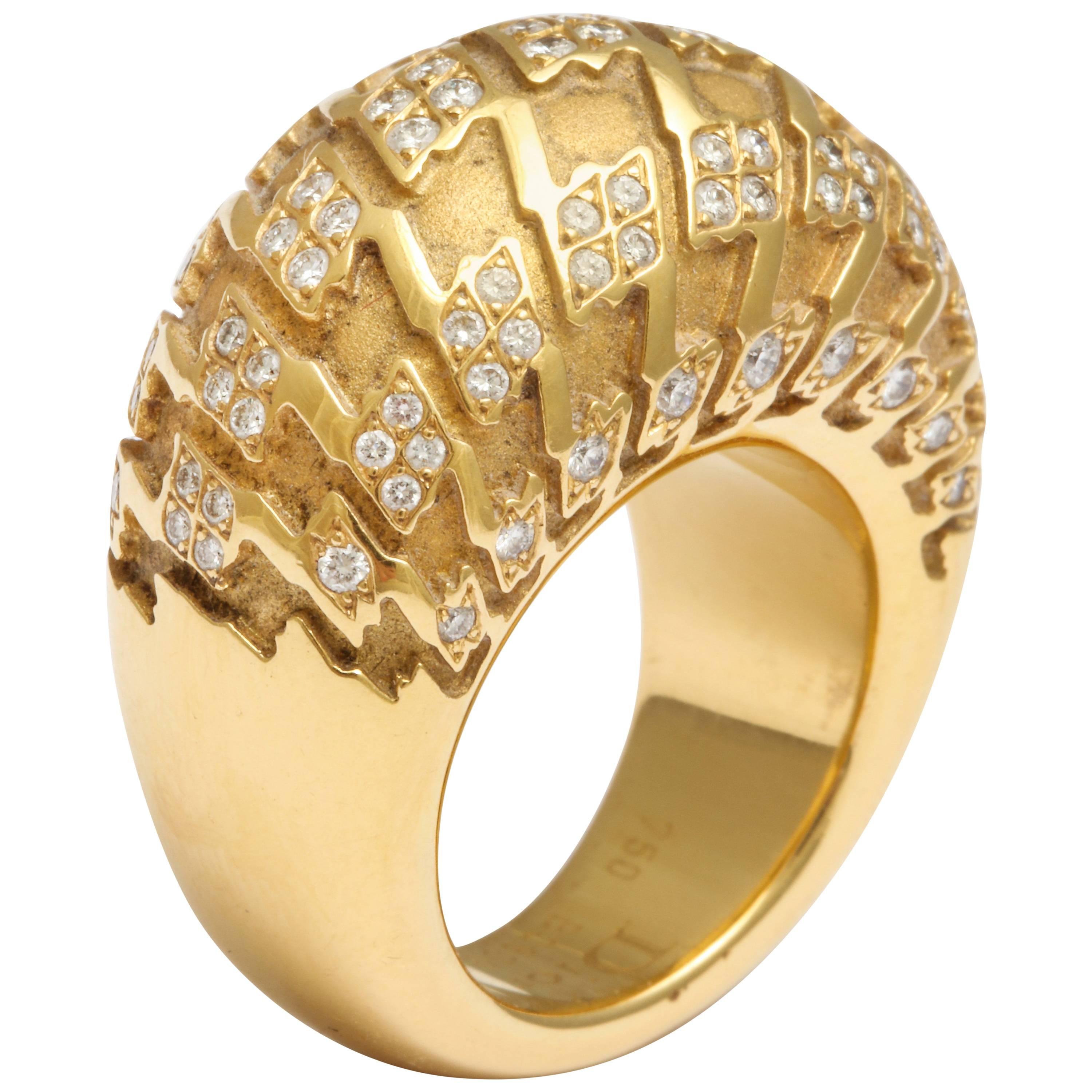 Christian Dior Diamond Gold Houndstooth Dome Ring