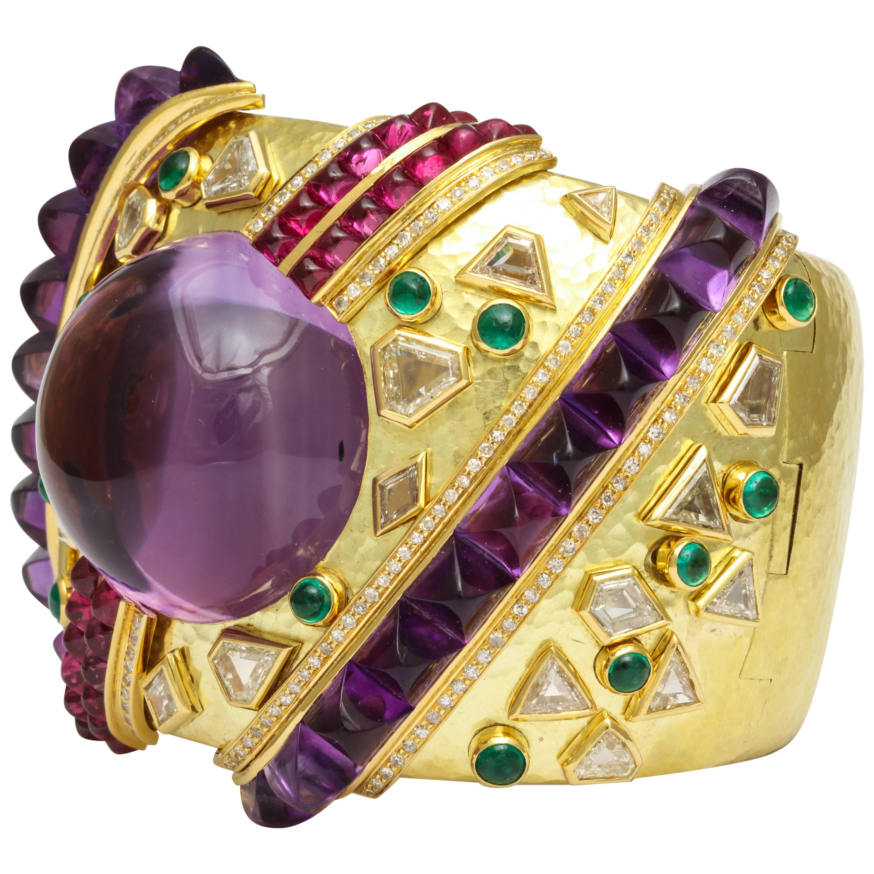 Demner Convertible Emerald to Amethyst Diamond Gemstone Gold Bracelet