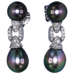 Vintage Tahitian Black Pearl and Diamond Earrings