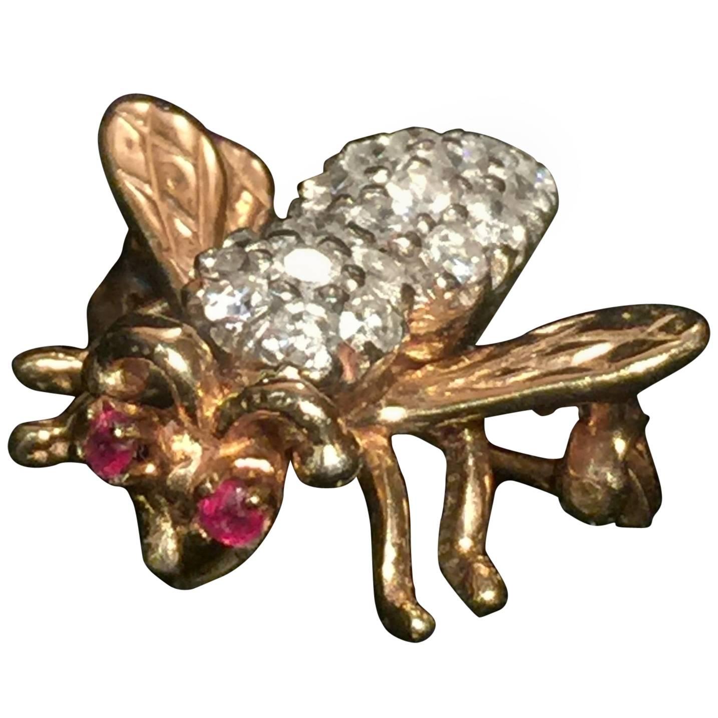 Vintage Diamond Ruby Gold Bee Brooch Pin