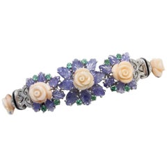 Sapphires Diamonds Corals Emerald Onyx Retro White Gold Bracelet