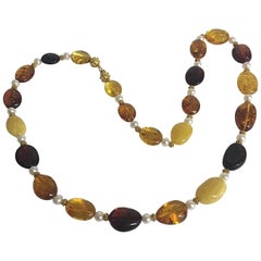 Baltic Amber Necklace with 18K Granulated Gold Beads & Clasp, Freshwater Pearls