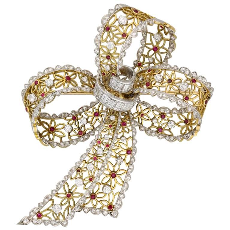 Vintage Ruby and Diamond Bow Brooch, circa 1960 For Sale