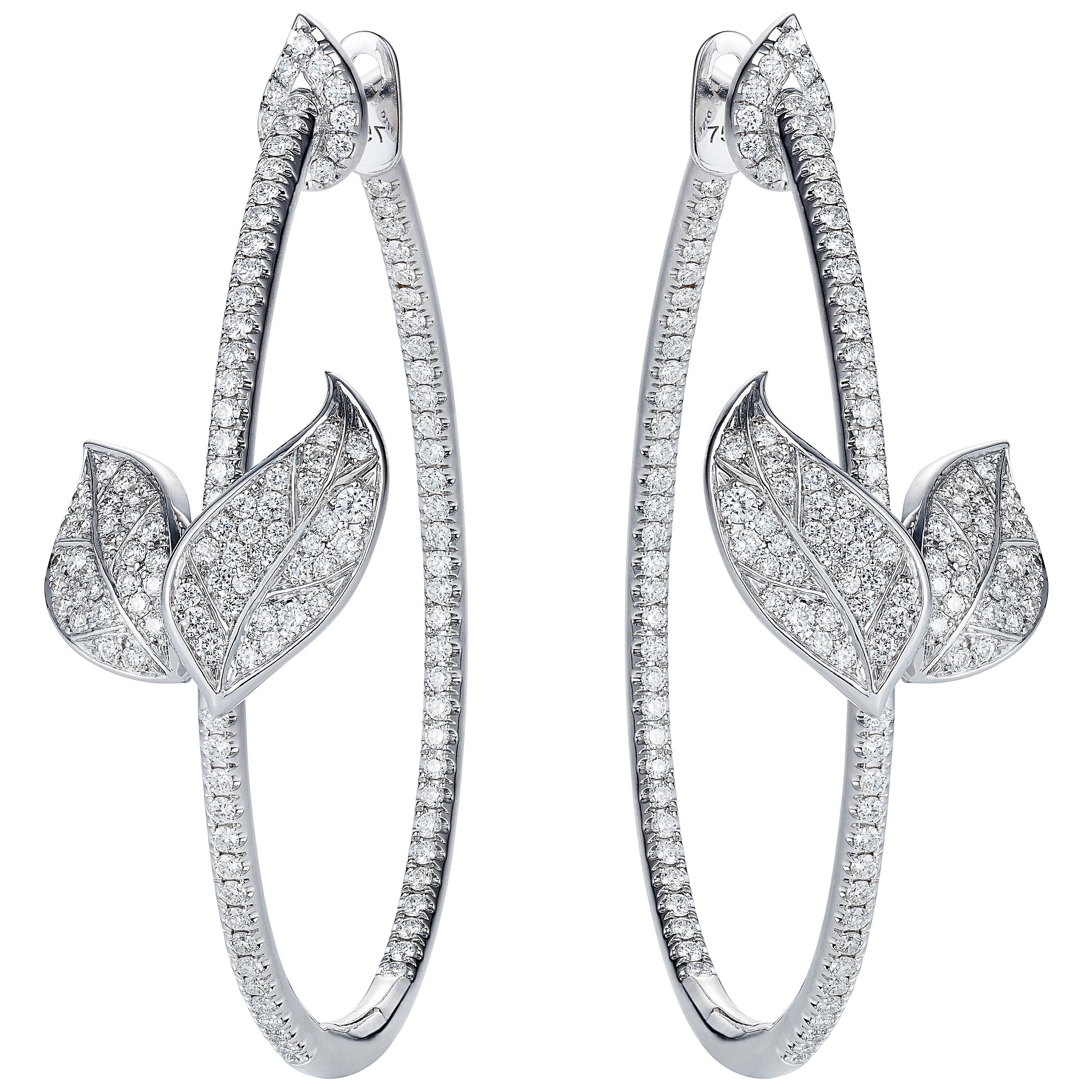 Nadine Aysoy Petite Feuilles 18 Karat White Gold and White Diamond Hoop Earrings For Sale