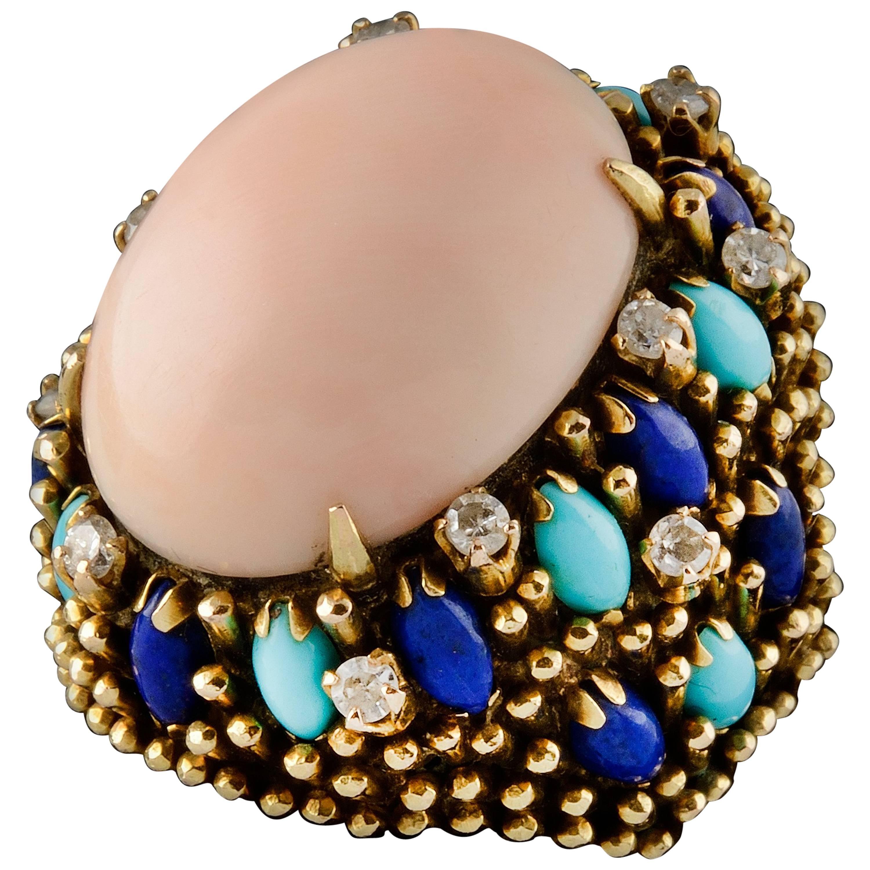 Cocktail Ring Yellow Gold Coral Peau d'Ange Lapis Lazuli Diamonds and Turquoise
