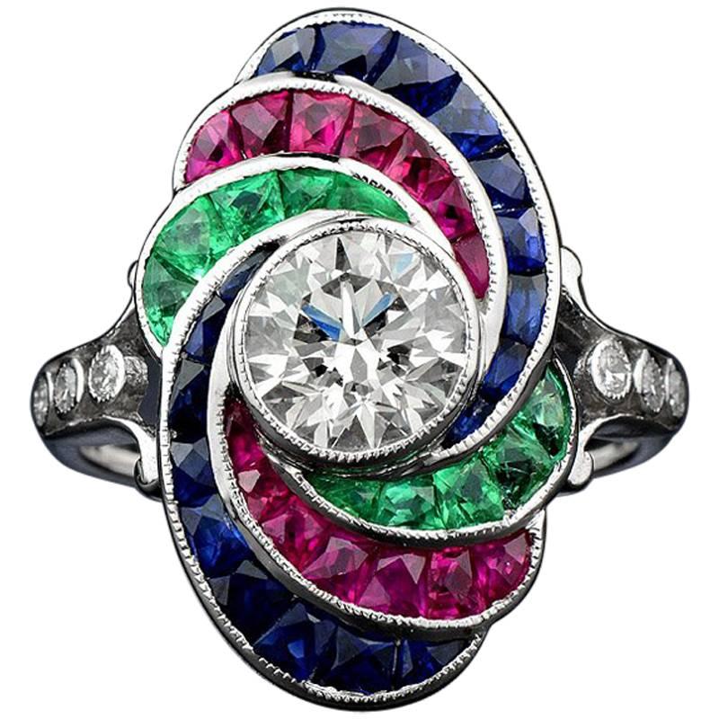GIA Certified 1.21 Carat Diamond with Emerald Ruby Sapphire 18 Karat Gold Ring