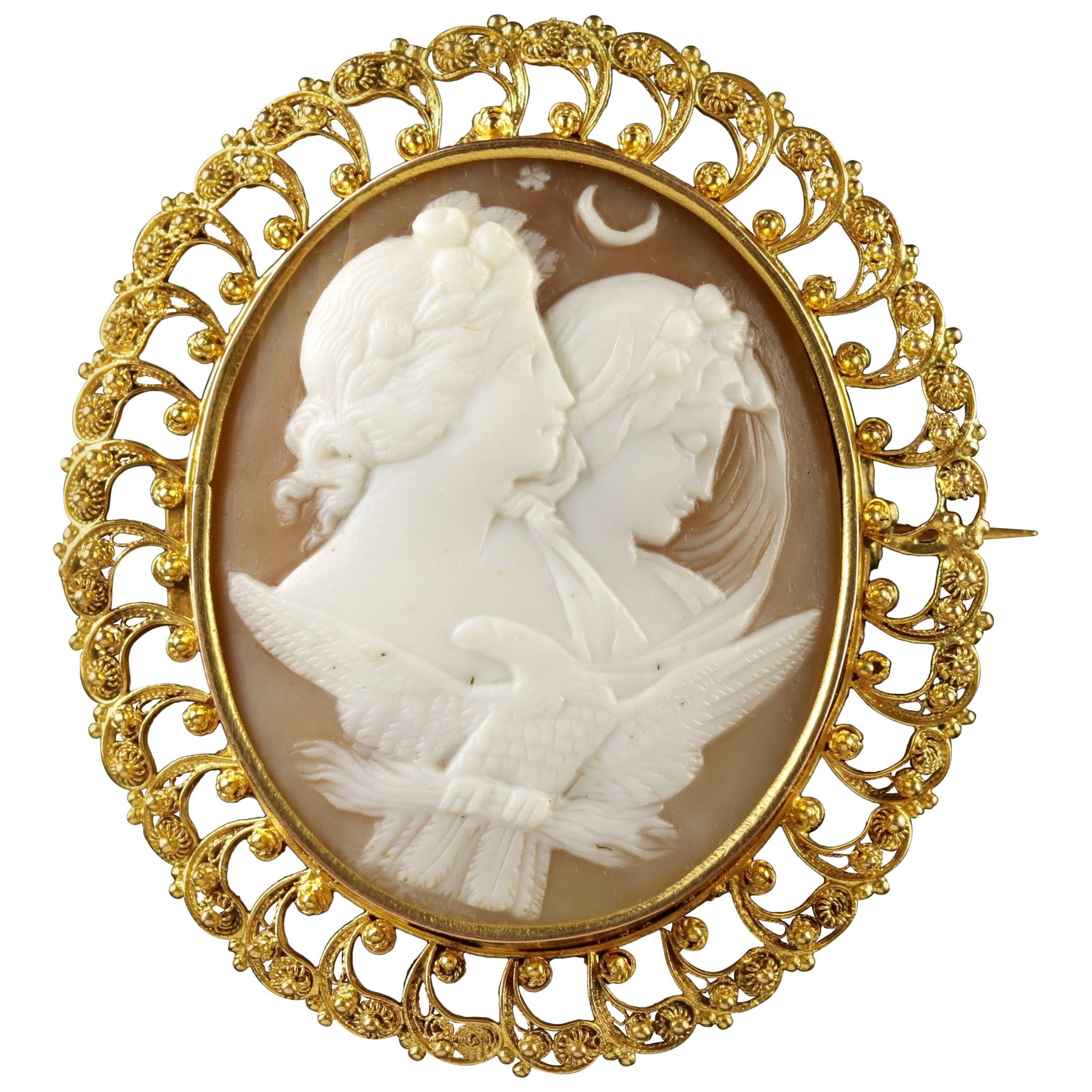 Antique Victorian Night and Day Cameo Brooch, circa 1880
