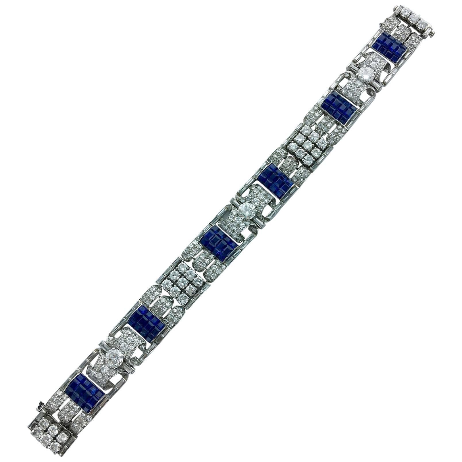 1930s Art Deco Sapphire Diamond Platinum Bracelet