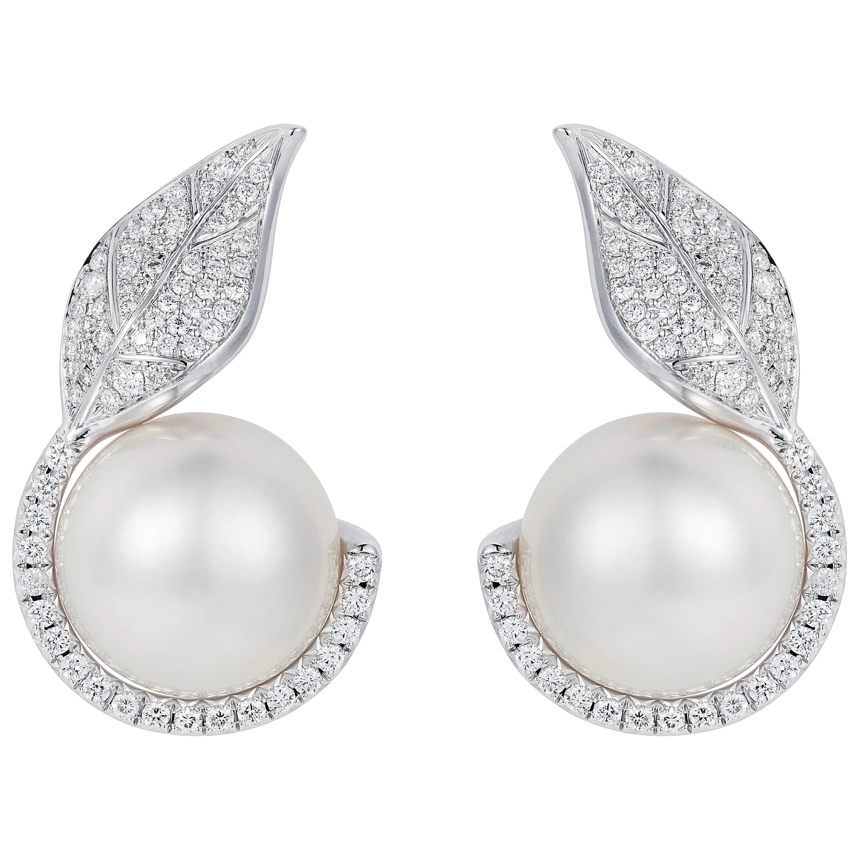 Nadine Aysoy 18K White Gold, White Diamond & White South Sea Pearl Stud Earrings For Sale