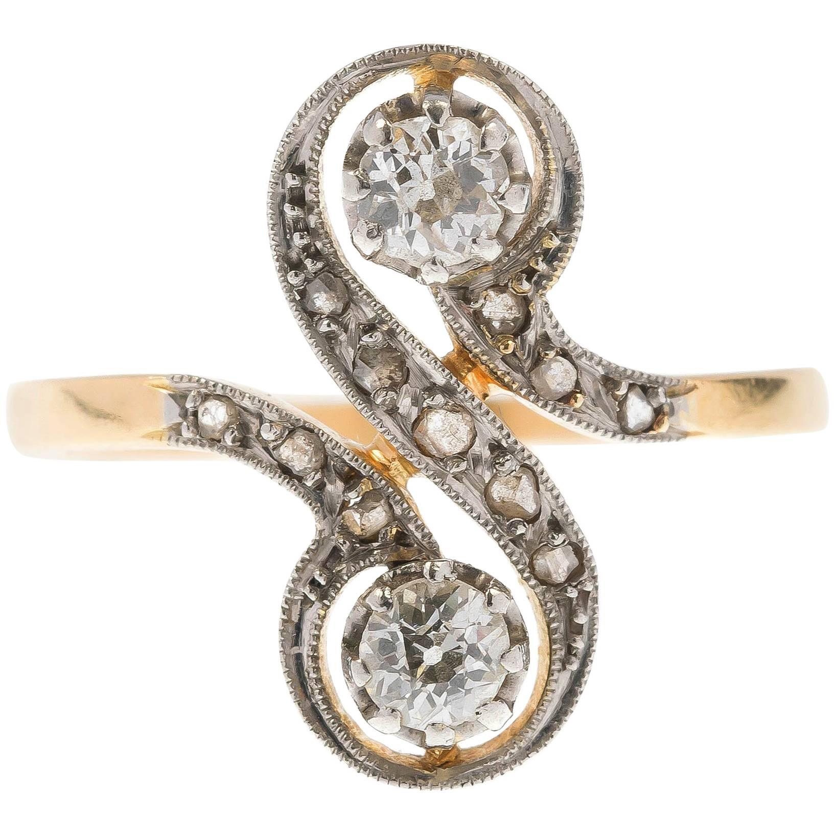 Antique French Toi et Moi Gold Diamond Dress Ring For Sale