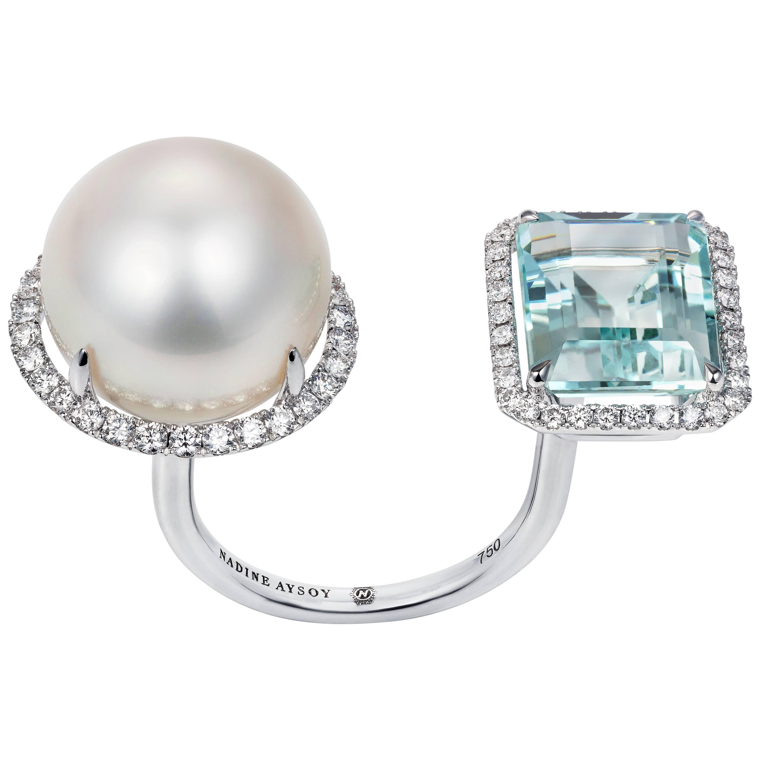 Nadine Aysoy Elle et Lui White Gold Aquamarine and South Sea Pearl Diamond Ring For Sale